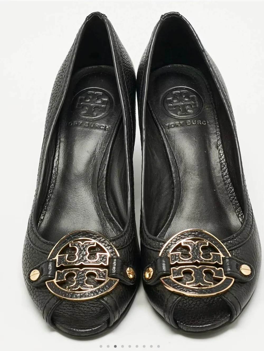 Tory Burch “Amanda”Black Leather Peep-Toe Flats with Gold Logo Medallion
